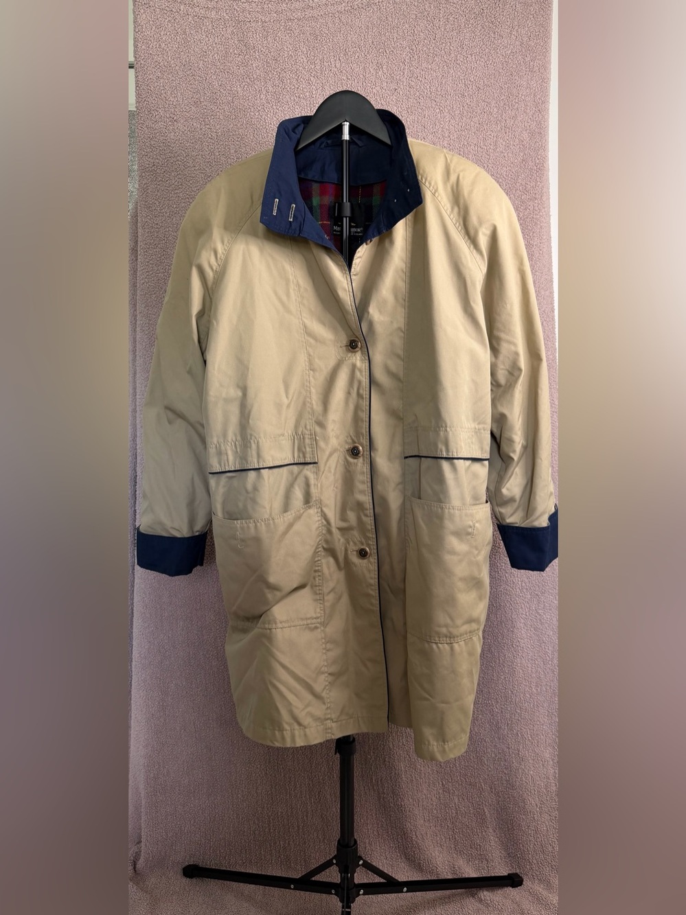 Vintage Misty Harbor Rain Coat Size 12 Tan Navy Plaid Lined Trench